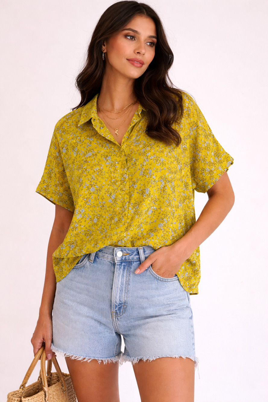 Yellow Floral Linen Boxy Top Short Sleeve Relaxed Fit Summer Blouse resort Sz-L